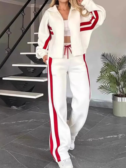 Fashion Striped Hoodie Set For Women Casual Long Sleeve Zip Tops+High Waist Wide Leg Pants 2 Piece Sets Lady Y2k Sports Clothes.