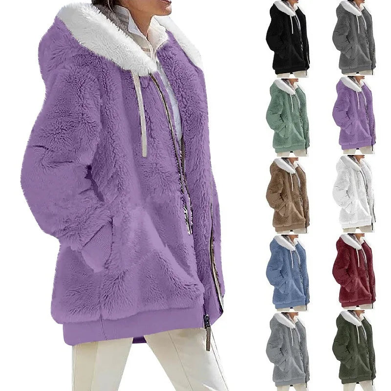 Herbst Winter Mode Damen mantel neue lässige Kapuze Reiß verschluss Dame Kleidung Kaschmir weibliche Fleece jacke einfarbige Damen mäntel