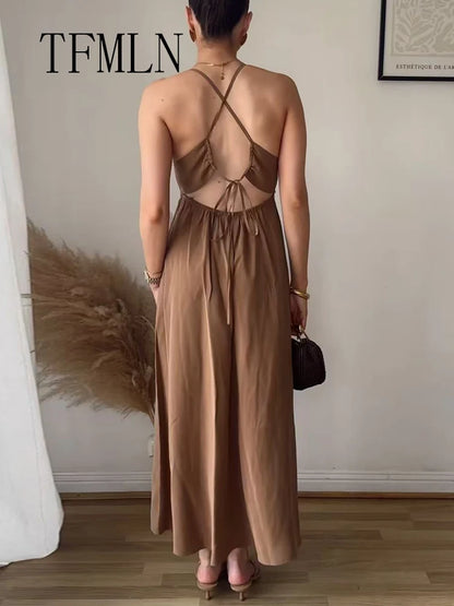 TFMLN Frauen Retro Sling Kleid Für Frauen Elegante Ärmellose V-ausschnitt Backless Mixi Kleid Dame EINE Linie Fashion Club Party Langes Kleid.
