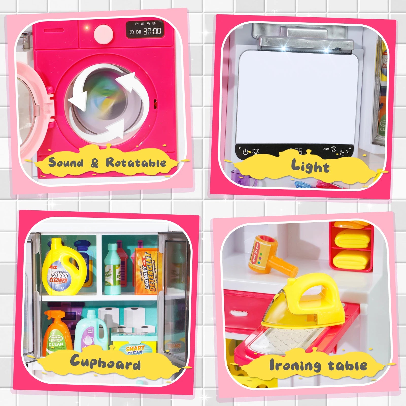 Pink Bathroom Playset with Shower, Vanity, Laundry Cabinet, and Ironing Board, Christmas/Thanksgiving/New Year Gift.