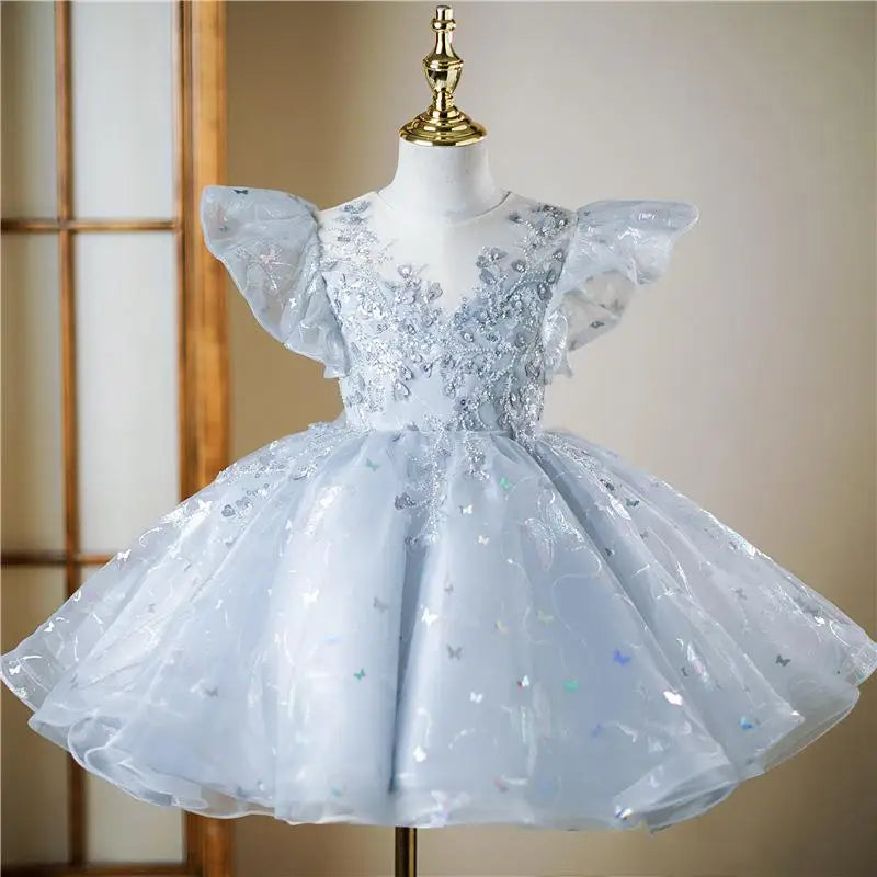 Blütenblattärmel Kleid Pailletten Mädchen Prinzessin Kleider Klavier Performance Kleider Teenager Kleidung Fliegende Ärmel Tutu Ballkleid.