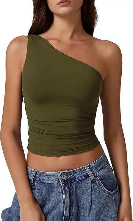 Womens One Shoulder Shirts Going Out Crop Tops Basic Sexy Slim Fit Y2K Tank Top Summer Fashion 2025.