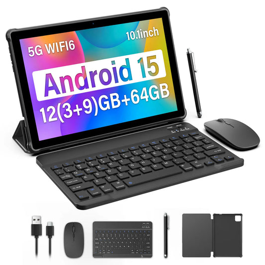 New BAKEN 10-inch Android 15 tablet with 64GB storage, keyboard, leather case, stylus, mouse, Wi-Fi, GPS, Bluetooth.