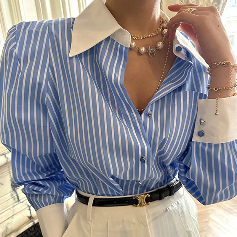 Jmprs Elegant Women Shirts Korean Striped Red Fashion Turn Down Collar Office Ladies Tops Long Sleeve Causal Female Blouse.