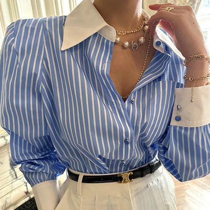Jmprs Elegant Women Shirts Korean Striped Red Fashion Turn Down Collar Office Ladies Tops Long Sleeve Causal Female Blouse.