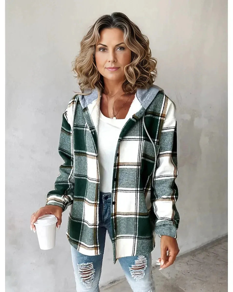 Neue Herbst und Winter frauen Plaid Jacke Mit Kapuze Mode Taste Strickjacke Top Tasche Casual Straße Vielseitige Jacke
