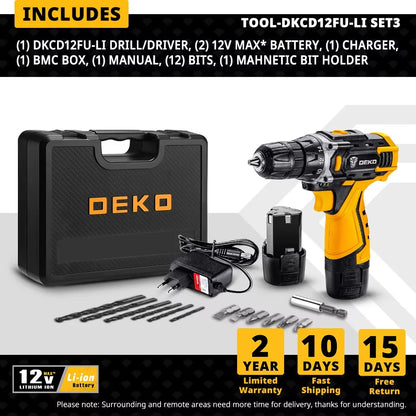 DEKO 12/16/20 V Akku-Bohrschrauber, 2-Gang-Akku, wiederaufladbarer Elektroschrauber, Lithium-Batterie, Kombinationsbox für Elektrowerkzeuge