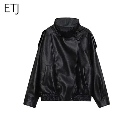 ETJ 2025 neue Damenmode, lockere Version der Stehkragen-Kunstlederjacke, Streetstyle, coole, hübsche Lederjacke