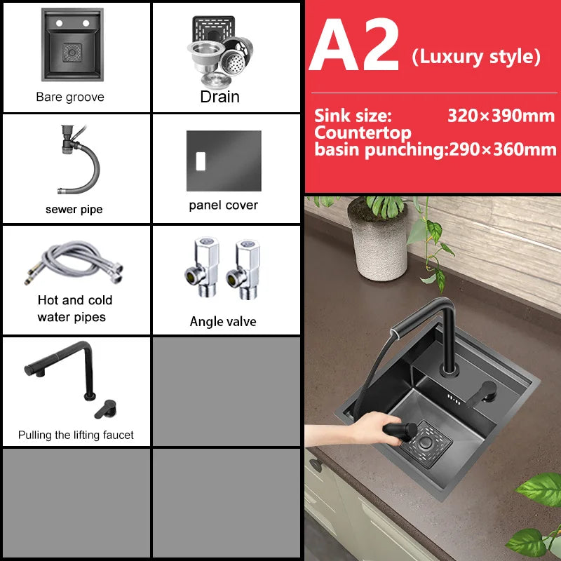 Stainless Steel Kitchen Sink Multifunctional Hot and Cold Water Adjustment Hidden Mini Sink Bar Apartment Hand Wash Basin