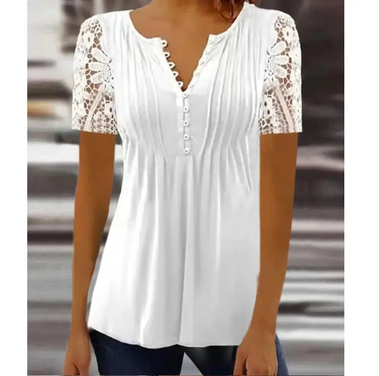 Summer Spring New Women's Loose and Comfortable Casual Lace V Neck Printed Blouse Floral Short Sleeve Elegant Fashion Shirt.