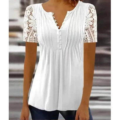 Summer Spring New Women's Loose and Comfortable Casual Lace V Neck Printed Blouse Floral Short Sleeve Elegant Fashion Shirt.