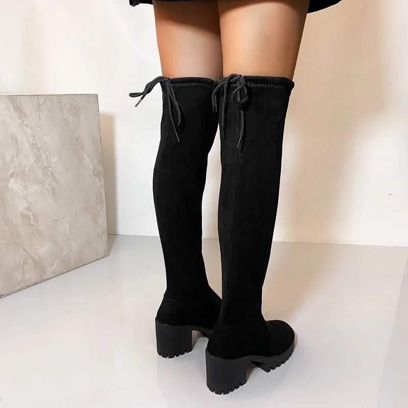 2025 Spring and Autumn Winter Over The Knee Boots Stretch Skinny Leg Long Tube Women's Boots Round Toe High Heel Plus Size.