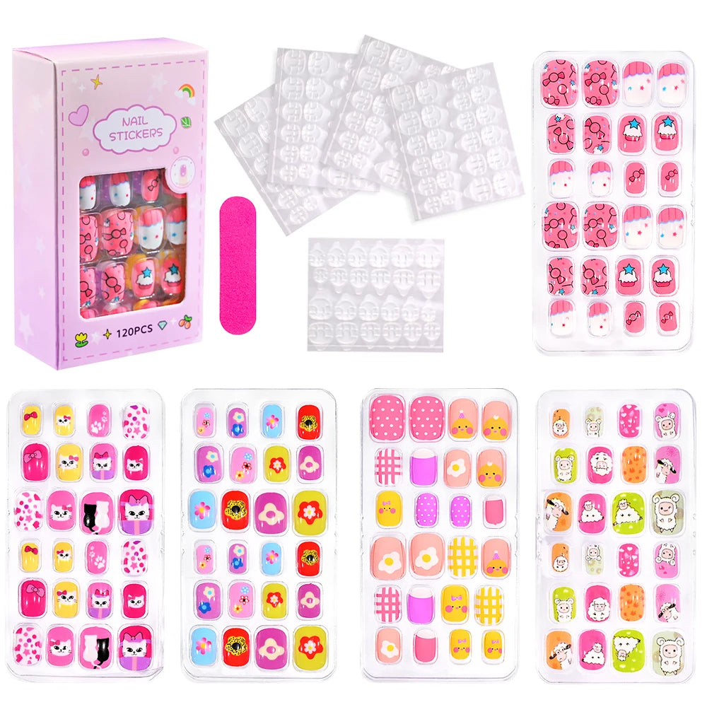 120pcs/box Pink Cartoon Children Press On Nails Candy Color Unicorn Cat Bunny Kids Full Cover False Nail Girls Party Nail Decora