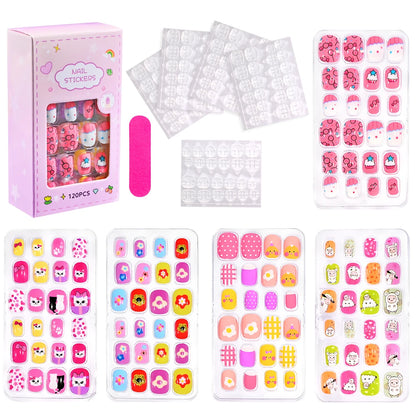 120pcs/box Pink Cartoon Children Press On Nails Candy Color Unicorn Cat Bunny Kids Full Cover False Nail Girls Party Nail Decora