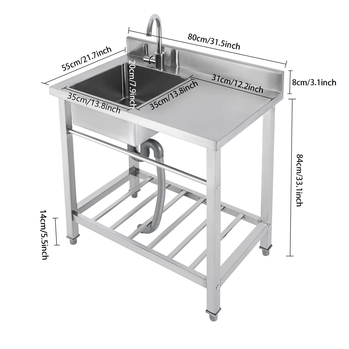 Einzelwaschbecken aus Edelstahl, kommerzielle Restaurant-Küchenspüle, freistehende Küchenspüle mit 360° °   Wasserhahn und 2 Einlassrohren