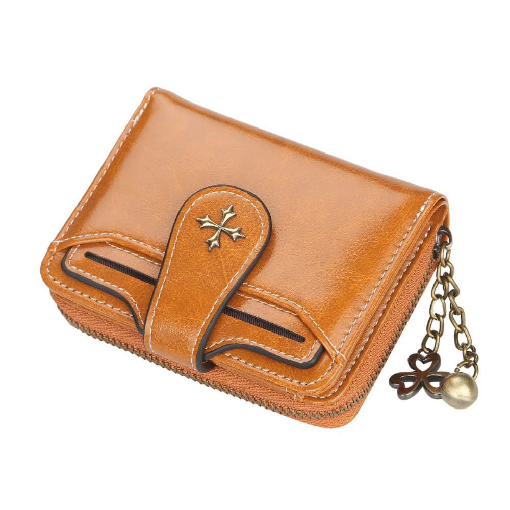 Women's Short Oil Wax Leather Coin Purse Fashion Buckle Zipper Wallet Driver's License Card Bag.