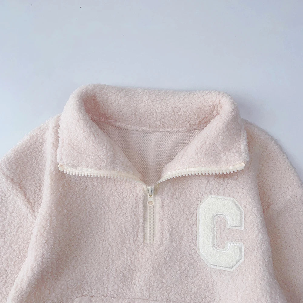 Bear Leader Girls' Set 2023 New Children's Autumn New Lamb Fleece Standing Collar Pullover Top+Pants Two Piece Kids' Fashion Set.