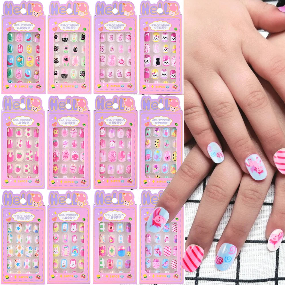24Pcs/box Kids nails for Girl Cartoon Pattern False Nail Cute Child Fake Nails Tips Kawaii Acrylic Artificial Press on Nail+Tool