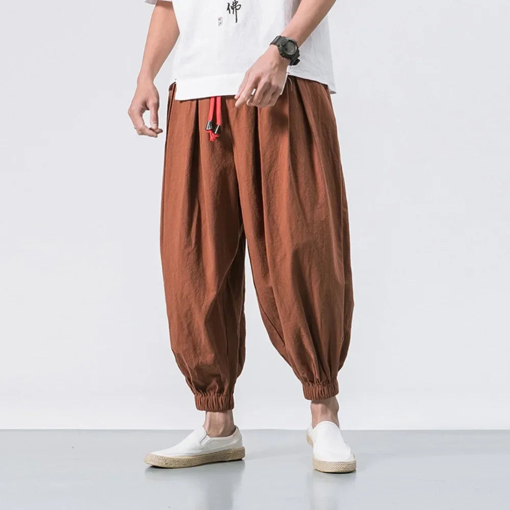 New Trendy Men Harem Pants Loose Oversized Style Cotton and Linen High Quality Jogger Sweatpants Casual Male Trousers