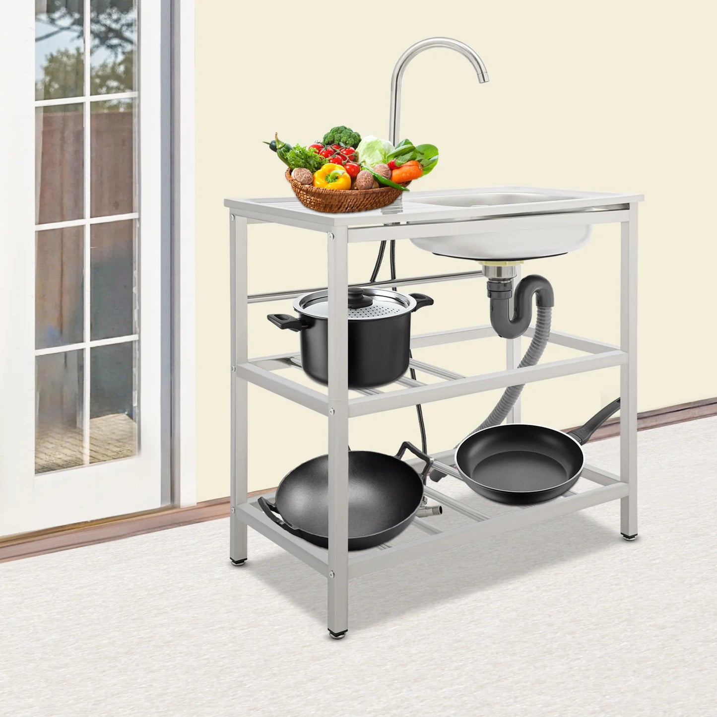 Freistehendes Waschbecken aus Edelstahl mit 2-stufigem Boden, Aufbewahrungsregal für die Küche, Outdoor-Spüle mit Facut-Handwaschstation
