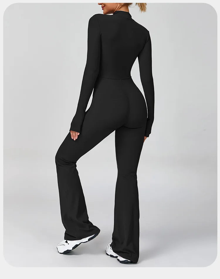 Women's One-piece Yoga Jumpsuit Long Sleeve Zipper Slim Fit Sports Outfit Flare Tights Quick-drying Hip Lift Gym Fitness Clothes