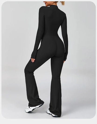 Women's One-piece Yoga Jumpsuit Long Sleeve Zipper Slim Fit Sports Outfit Flare Tights Quick-drying Hip Lift Gym Fitness Clothes