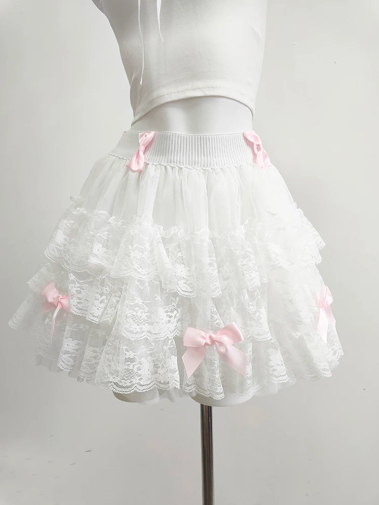 Multilayered Lace Skirts for Sweet Girls Summer Ribbons Bows Decoration Elastic Waist Lolita Style White Skirt Kawaii Clothes.