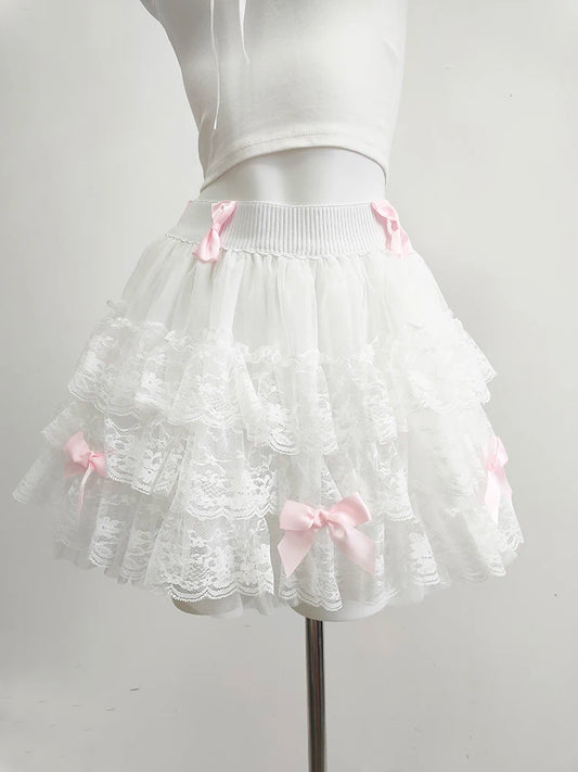 Multilayered Lace Skirts for Sweet Girls Summer Ribbons Bows Decoration Elastic Waist Lolita Style White Skirt Kawaii Clothes.