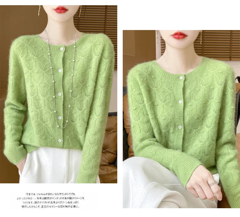 2024 Autumn And Winter New Round Neck Hollowed Out 100 Wool Knitted Cardigan Women's Versatile Coat Loose Casual Sweater DMR281