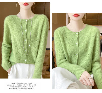 2024 Autumn And Winter New Round Neck Hollowed Out 100 Wool Knitted Cardigan Women's Versatile Coat Loose Casual Sweater DMR281