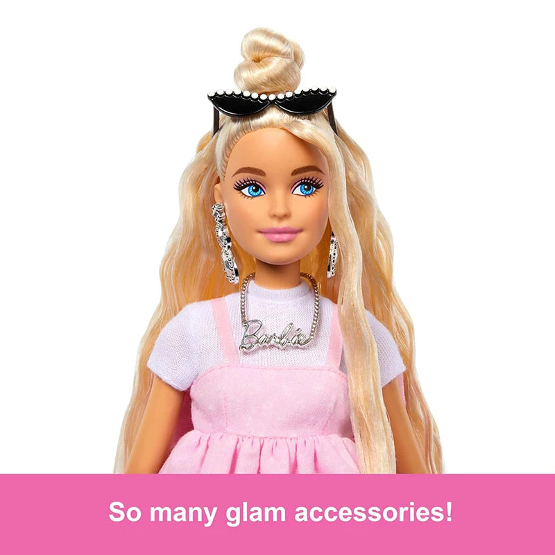 Barbie Deluxe Style Doll Blond Hair in Top Knot Pink Pastel Dress with Oversized Bow and Accessories Toy for Girl Gift HYV27.