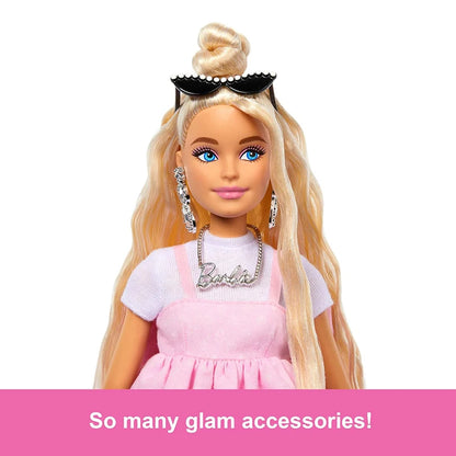 Barbie Deluxe Style Doll Blond Hair in Top Knot Pink Pastel Dress with Oversized Bow and Accessories Toy for Girl Gift HYV27.