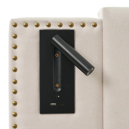 KOMHTOM Polsterbett Doppelbett, Leselicht und USB-Ladefunktion im Kopfteil, Baumwollmaterial, ohne Matratze