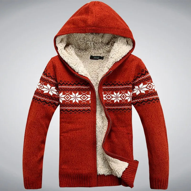 Wool Man Sweater Hooded Winter Cardigan  Winter Thicken Fleece  Overcoat Casual New Fashion Cotton Red Mens Winter Jacket.