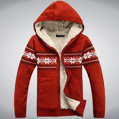 Wool Man Sweater Hooded Winter Cardigan  Winter Thicken Fleece  Overcoat Casual New Fashion Cotton Red Mens Winter Jacket.