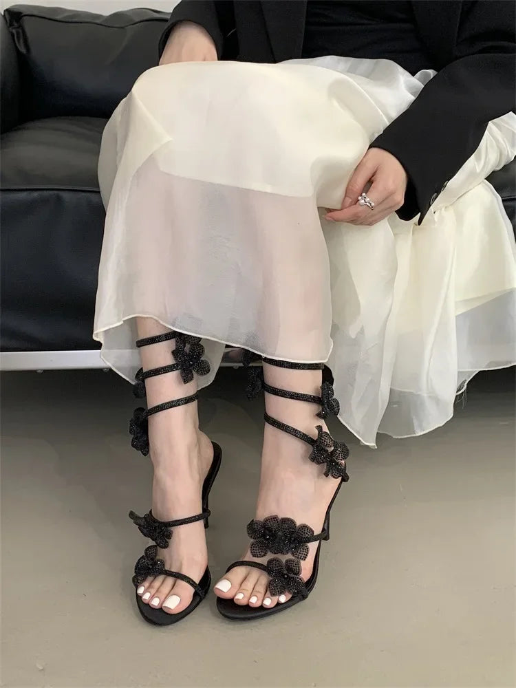 Aneikeh Street Style CRYSTAL Narrow Band Thin High Heels Women Sandals 2026 Summer Open Toe Ankle Strap Female Shoes.