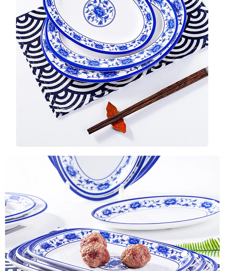 Melamine Chinese Style Blue and White Porcelain Tableware Creative Oval Dinner Plate.