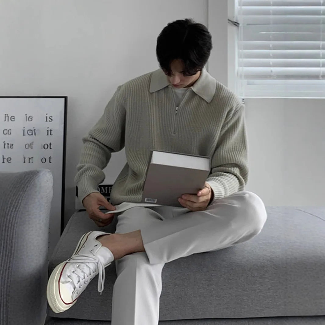 Half Zipper Sweater Men's Autumn and Winter Japanese Retro Korean Lapel Sweater Loose Casual Thread Trend.