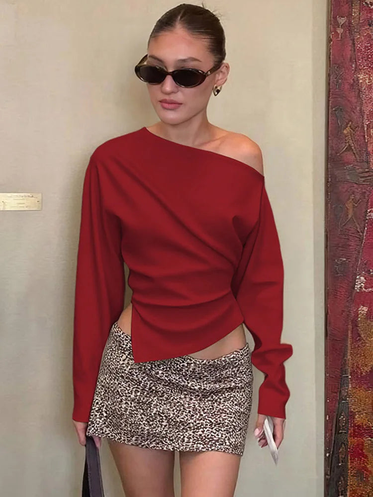 Women Casual Top Fashion Slim Slit Long Sleeve Pullover Top Sexy Strapless Pleated New Party Looks Top Female Streetwear