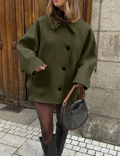 ZBZA Damen Schräge Knopf Lose Fledermausärmel Jacke Mantel Revers Langarm Doppeltasche Warm Solide Farbe Vintage Oberbekleidung Herbst Winter Neue Weibliche Chic Mantel.