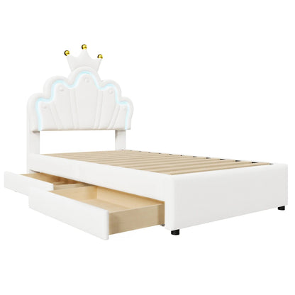 Polsterbett ohne Matratze, ferngesteuertes Umgebungslichtbett mit 2 Schubladen, kronenförmiges Prinzessinnenbett, verstellbarer Kopf, PU, Weiß