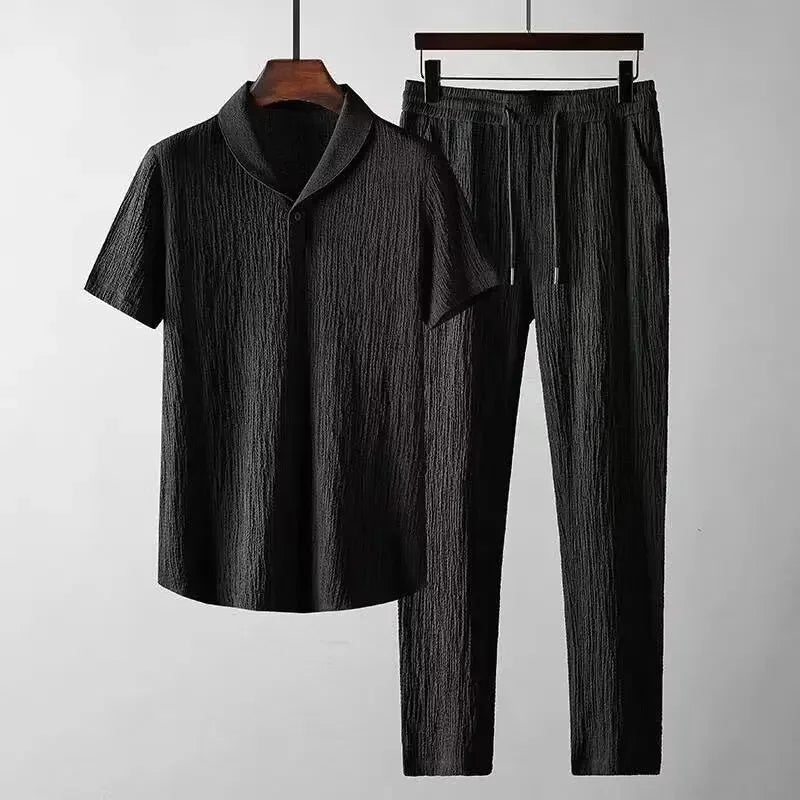 Summer Hot Sale Of The Season Men's Casual Sports Suit Thin Short Sleeve Qingguo Collar Two-Piece Set Loose Fit Comfortable Brea.