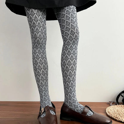 Retro Comfortable Velvet Women Tights Winter Autumn Jacquard Geometric Pantyhose Slimming High Elasticity Preppy Style Leggings