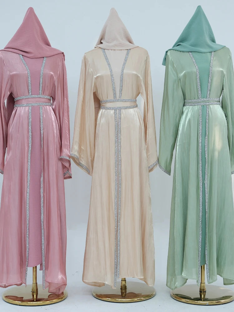 Muslim Abaya for Women Eid Dress 2 Piece Set Diamond Morocco Ramadan Lace-up Abayas Kaftan Islam Cardigan Dubai Arab Long Robe.