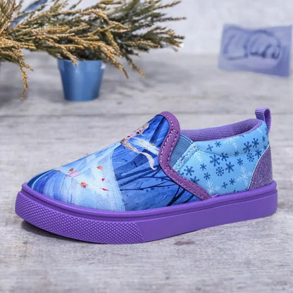 Disney Children's Casual Canvas Shoes Cartoon Priness Elsa Pattern Girls' Cartoon Breathable Shoes Student Blue Shoes Size 26-29.
