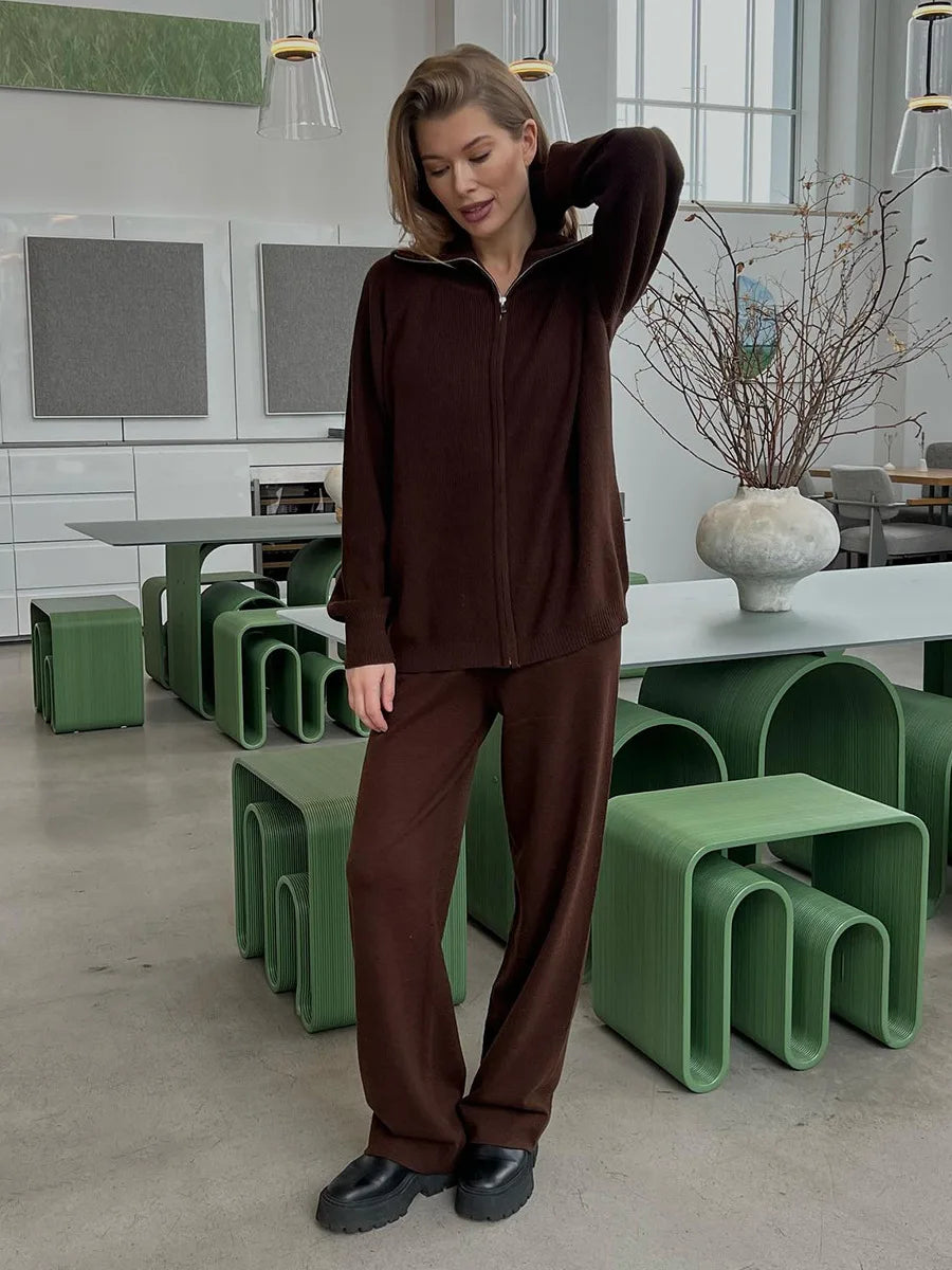 Tornova Zipper Strickjacke Pullover Anzug Weibliche Gestrickte Langarm Casual Mantel Breitbeinig Hosen Pullover frauen Zwei Stück Set