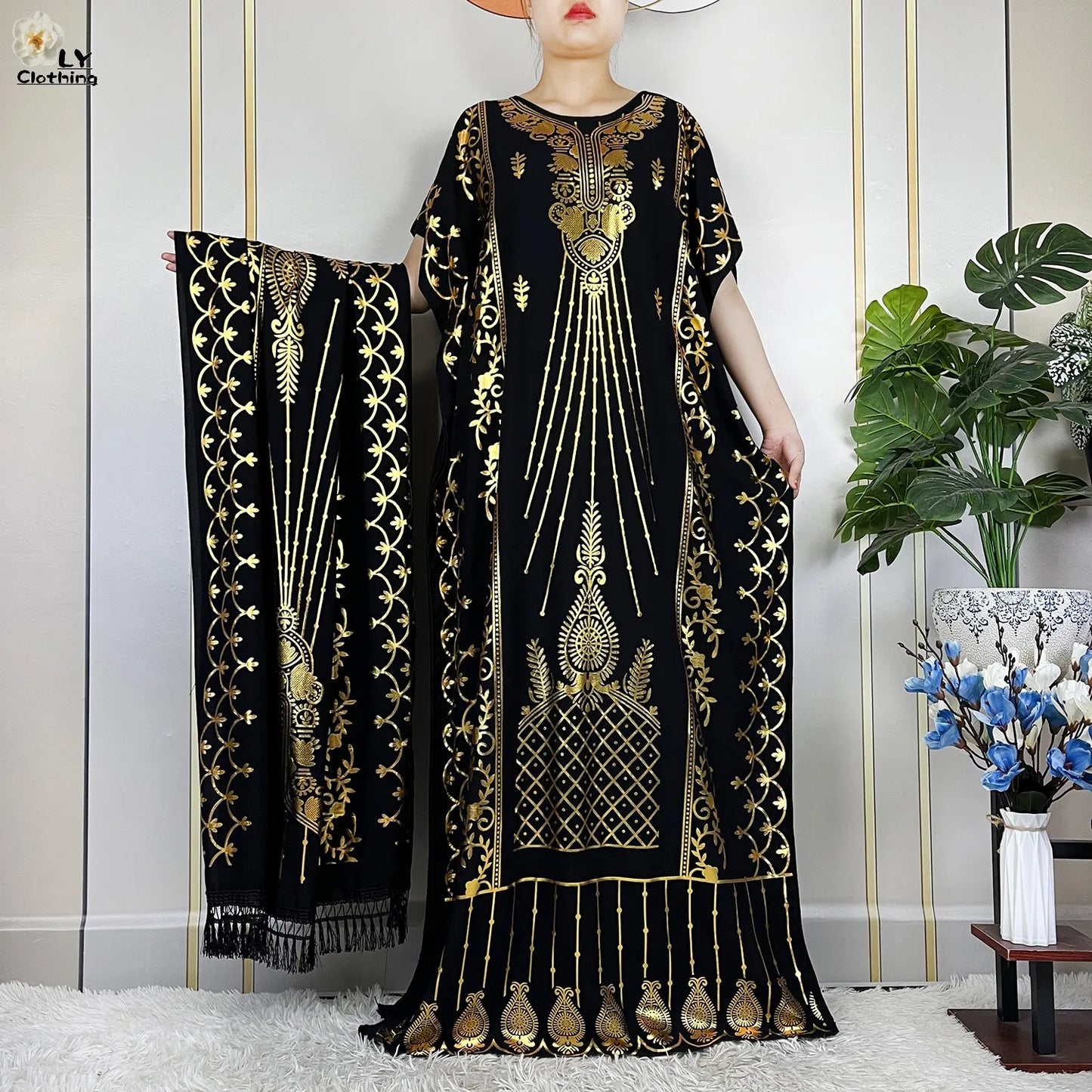 2023 New Muslim Summer Short Sleeve Robe Gold Stamping Boubou Maxi Women Femme Loose Dress With Big Scarf African Abaya Clothes