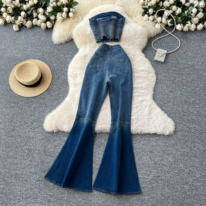 Denim Pant Set Women Two Piece Sets Sexy Matching Sets Sleeveless Short Tops Long Flare Pants High Waist Slim Hot Diamond.