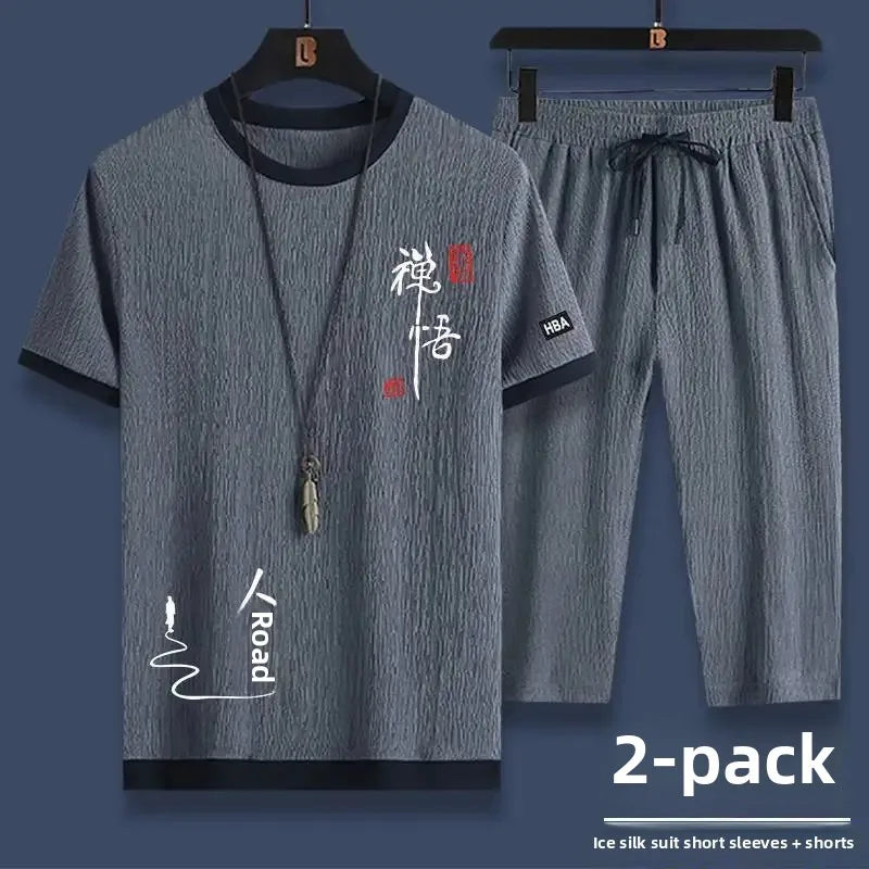 Summer Casual Ice Silk Short Sleeve T-Shirt Shorts Set for Men Fashionable Two-Piece Outfit Lightweight Sportswear Combo.