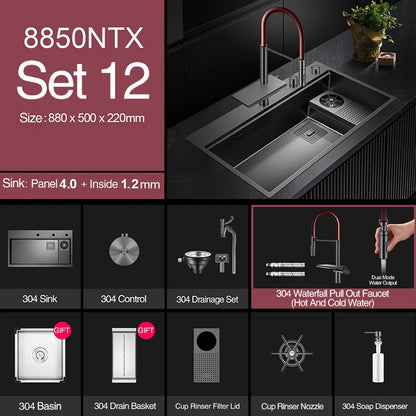 ASRAS New Waterfall Faucet Kitchen Sinks Nanometer Large Size 4mm Panel Handmade Sinks Cup Rinser Kitchen Sinks